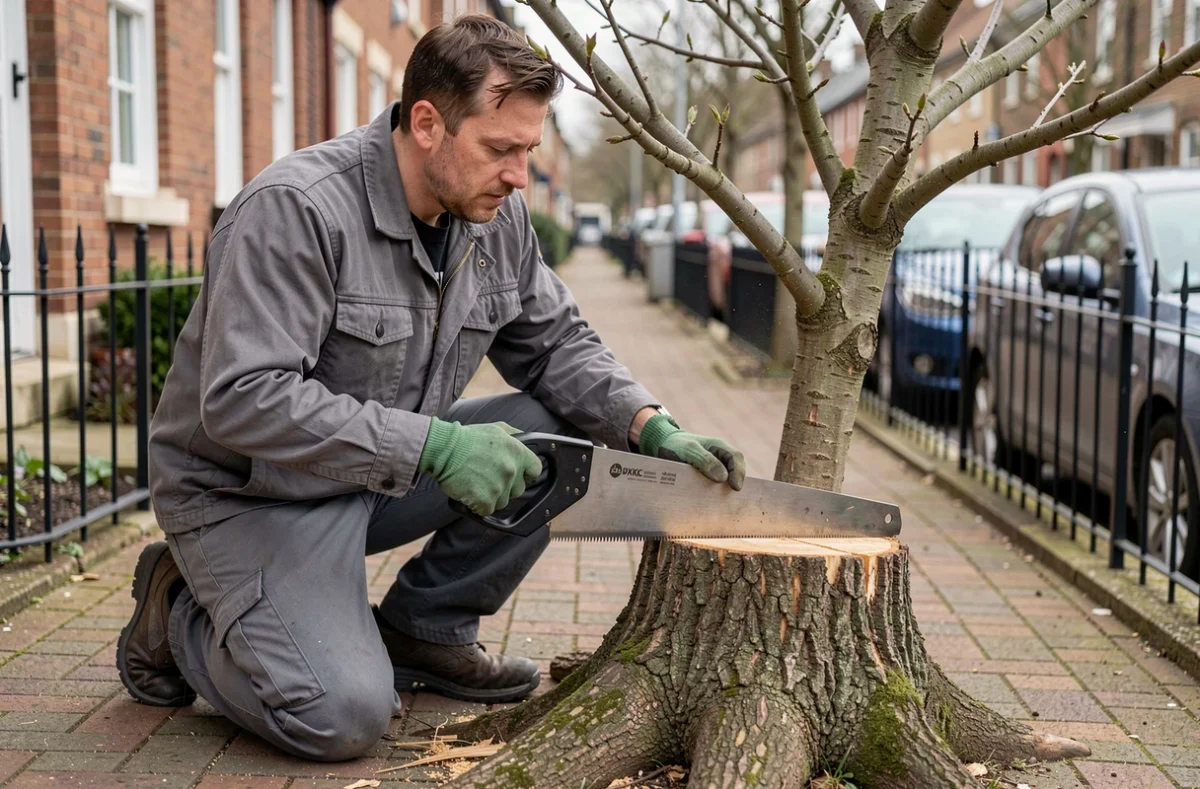 Jardinier professionnel retirant un petit arbre ornemental dans un jardin de maison urbaine avec une scie à main