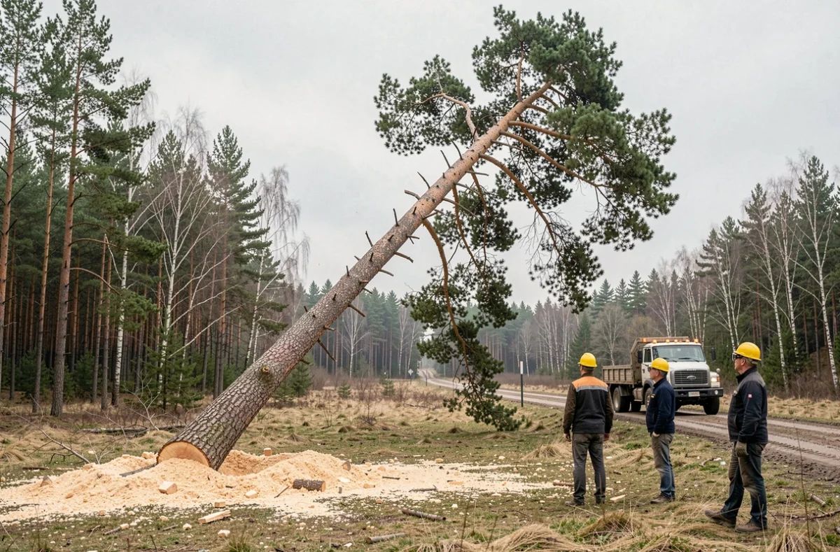 Abattage d'un grand pin en milieu rural avec deux bûcherons observant la chute de l'arbre en toute sécurité