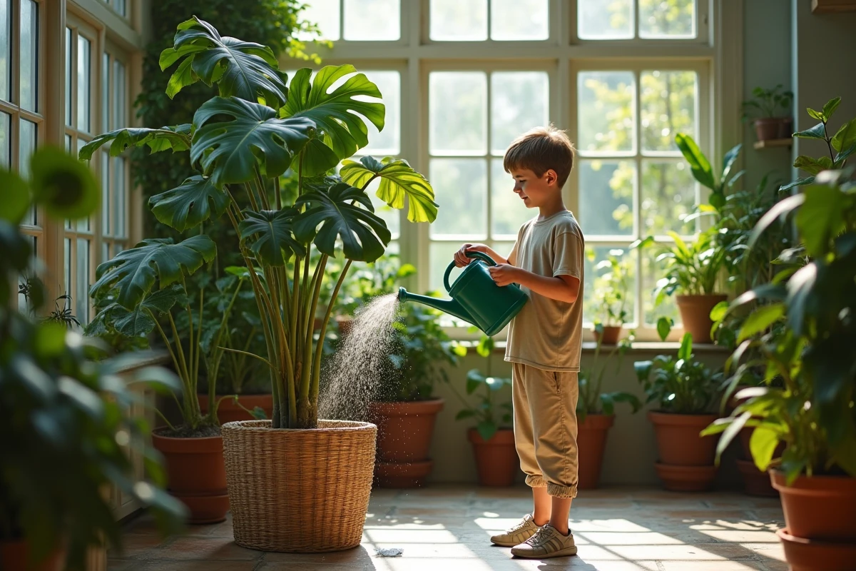 Adolescent arrosant un monstera dans une serre intérieure