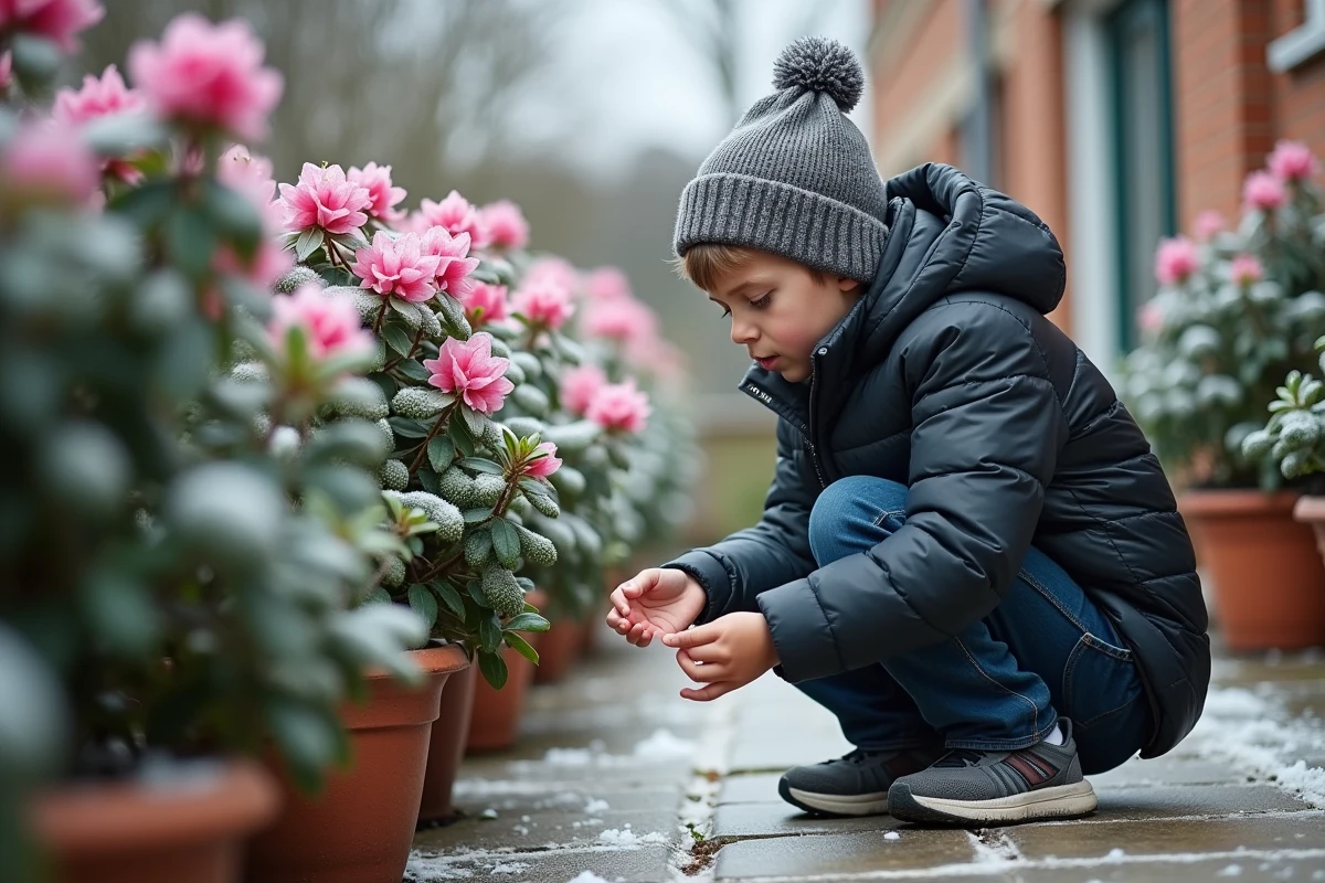 Adolescent en hiver couvrant un rhododendron avec une fleece