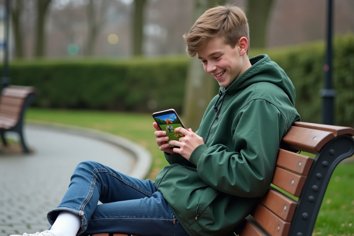 Adolescent jouant au jeu du nain de jardin Google sur smartphone assis sur un banc dans un parc urbain