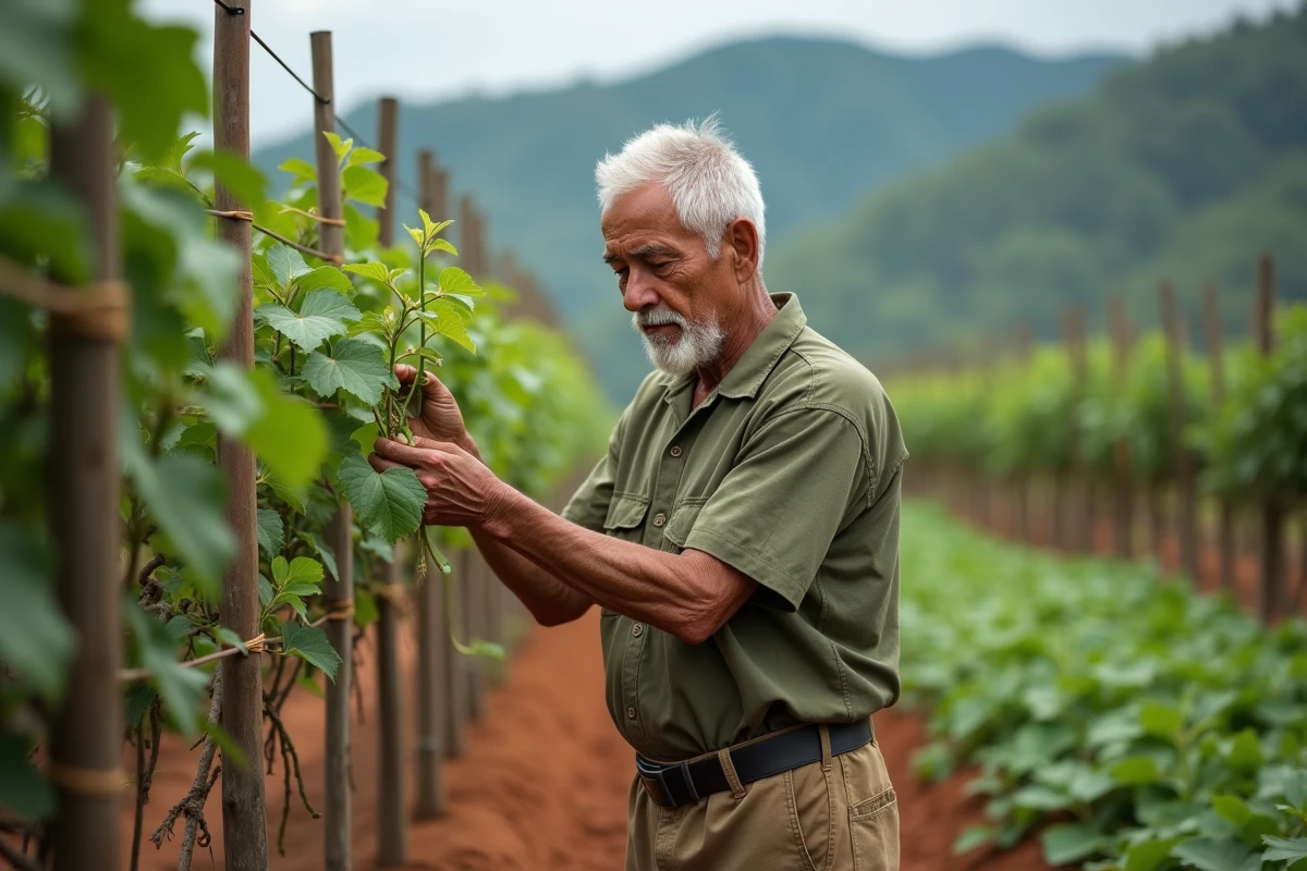 Agriculteur âgé guidant les tiges de christophines sur un treillage en bois dans une plantation tropicale