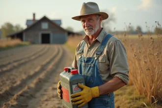 Agriculteur tenant un bidon de débroussaillant interdit au bord d'un champ desséché et dégradé