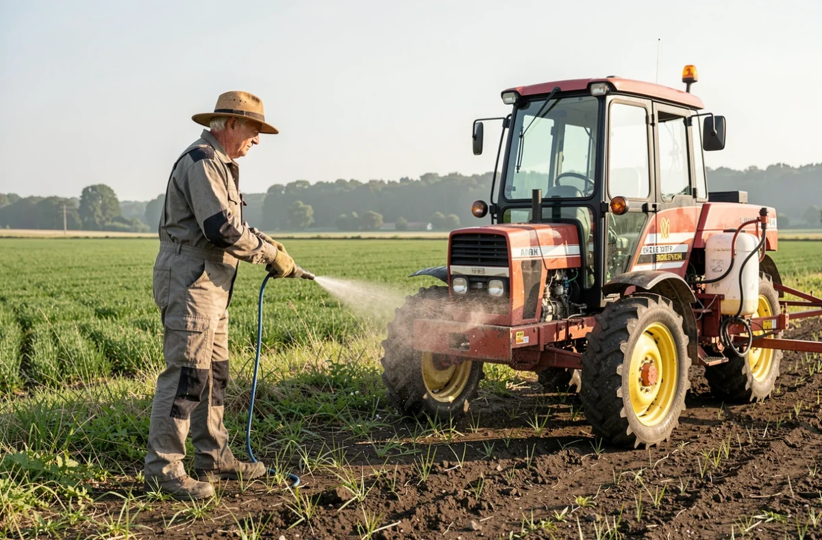 Agriculteur équipé pulvérisant en bordure de parcelle