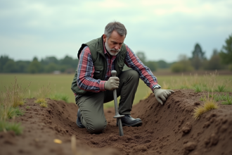 Agronome homme prélevant un échantillon de sol en extérieur