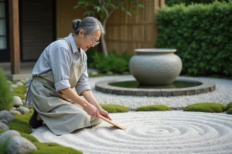 Femme japonaise en tablier de lin ratissant du gravier blanc dans un jardin zen en cours d'aménagement, avec pierres de pas et bambous en arrière-plan