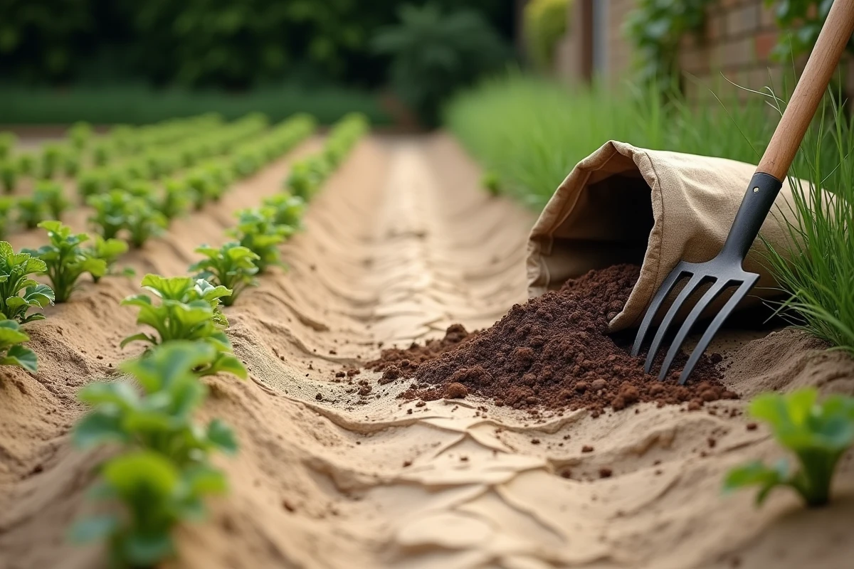 Vue large d'un potager avec un sol sableux appauvri entre les rangs de légumes, un sac de compost ouvert et une fourche prêts à amender la terre pauvre