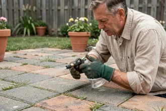 Homme appliquant un désherbant sur un pave autobloquant avec un pulvérisateur à main dans un jardin résidentiel