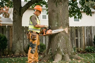 Arboriste professionnel équipé d'une tronçonneuse évaluant un grand chêne avant son abattage dans un jardin résidentiel