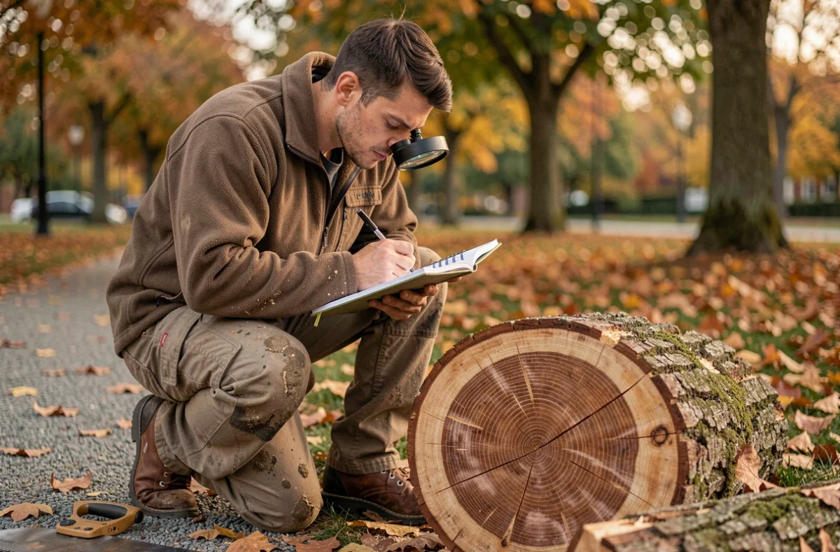 Arboriste professionnel examinant les cernes d'une souche d'arbre fraîchement coupée dans un parc urbain en automne