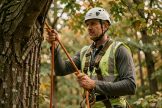 Arboriste en hauteur utilisant une longe d'élagage orange fixée à un chêne en forêt