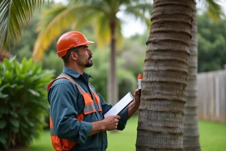 Arboriste examinant un palmier mature dans un jardin