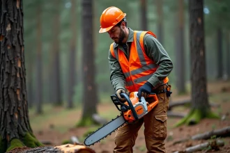 Arboriste professionnel tenant une tronçonneuse STIHL MS 211 en forêt, équipé d'équipements de protection individuelle