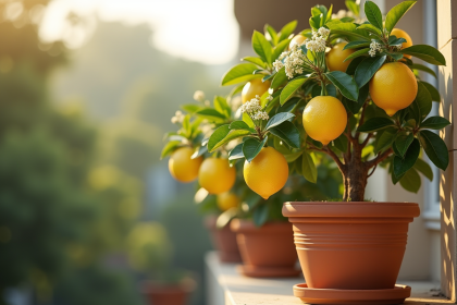 Arbre citron en pot sur balcon ensoleille avec citrons jaunes