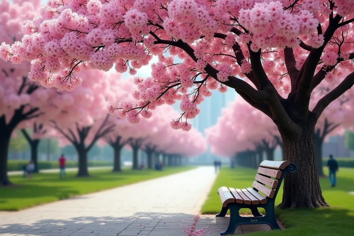 Arbre en fleurs de cerisier dans un parc urbain en pleine floraison