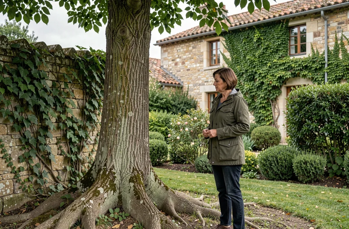 Femme inspectant les racines d'un grand tilleul planté près d'une maison ancienne en pierre, pour illustrer les précautions à prendre avec les arbres à proximité des fondations
