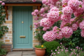 Arbuste fleuri rose parfumé encadrant l'entrée d'une maison en pierre avec porte en bois vert sauge au printemps