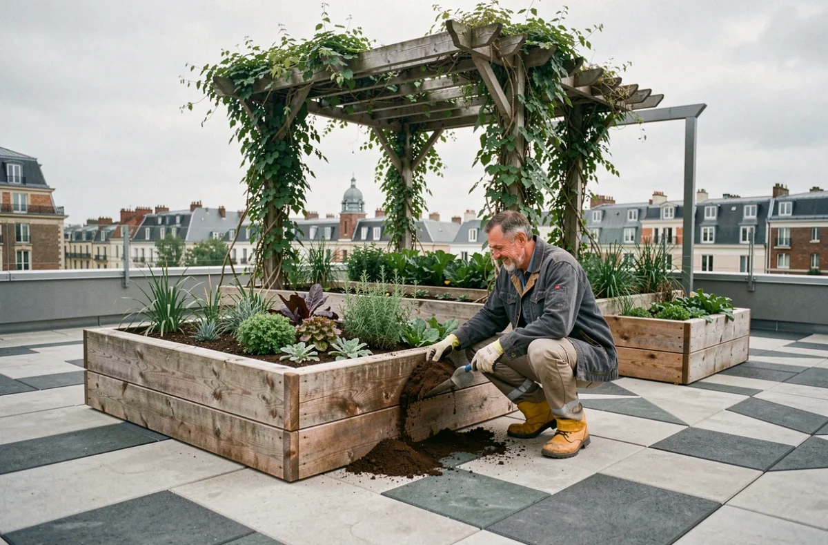 Projet de jardin urbain contemporain avec bacs en bois et pergola réalisé par Artego à Nantes