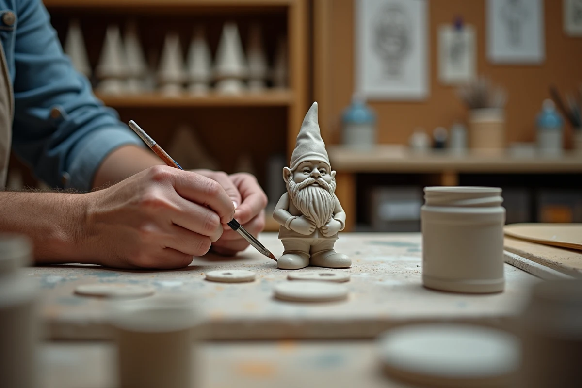 Mains d'un artisan peignant un nain de jardin en céramique dans un atelier de poterie traditionnel