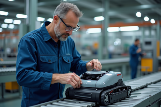 Ouvrier en uniforme assemble un robot tondeuse dans une usine moderne
