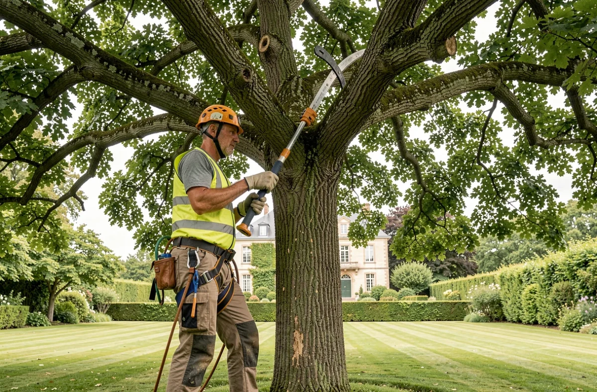 Arboriste d'Atout Arbre réalisant l'élagage d'un chêne mature dans un domaine privé en Loire-Atlantique