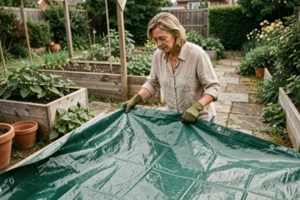 Femme qui déroule une bâche de jardin verte sur un carré potager surélevé dans un jardin résidentiel