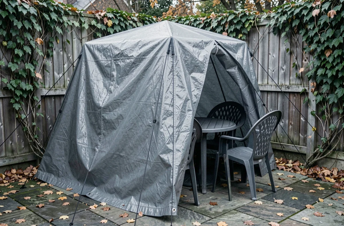 Salon de jardin recouvert d'une bâche grise en PVC pour une protection hivernale sur une terrasse en pierre
