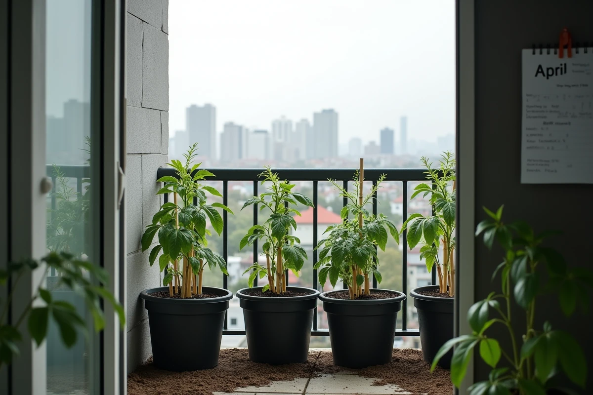 Balcon apartment avec plusieurs pots de tomates tuteurées et calendrier de semis affiché sur la porte