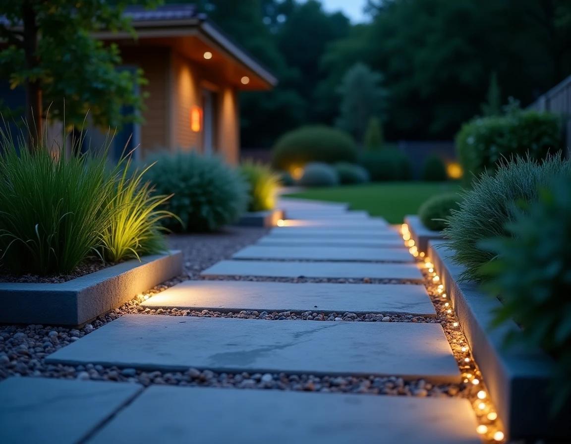 Bande LED solaire posée le long d'un mur de jardin en pierre pour souligner un chemin paysager nocturne