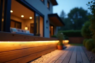 Bande LED solaire extérieure installée sous une rambarde de terrasse en bois au crépuscule, éclairant un jardin résidentiel
