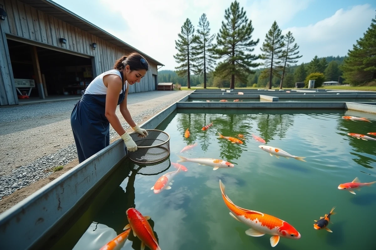Facility d'élevage professionnel de carpes koi avec bassins de tri pour la revente du cheptel
