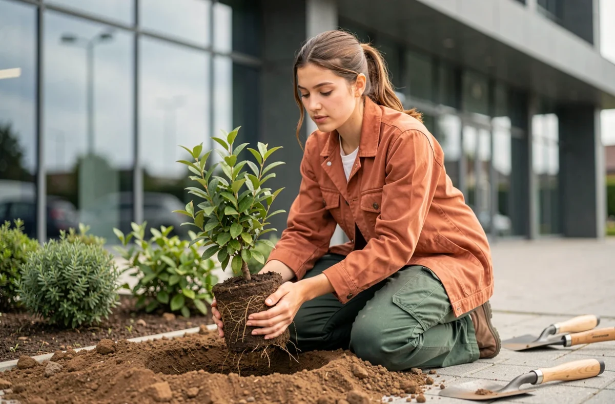 Jeune professionnelle paysagiste plantant un arbuste ornemental devant un bâtiment commercial moderne dans le Nord, représentant BLOEM