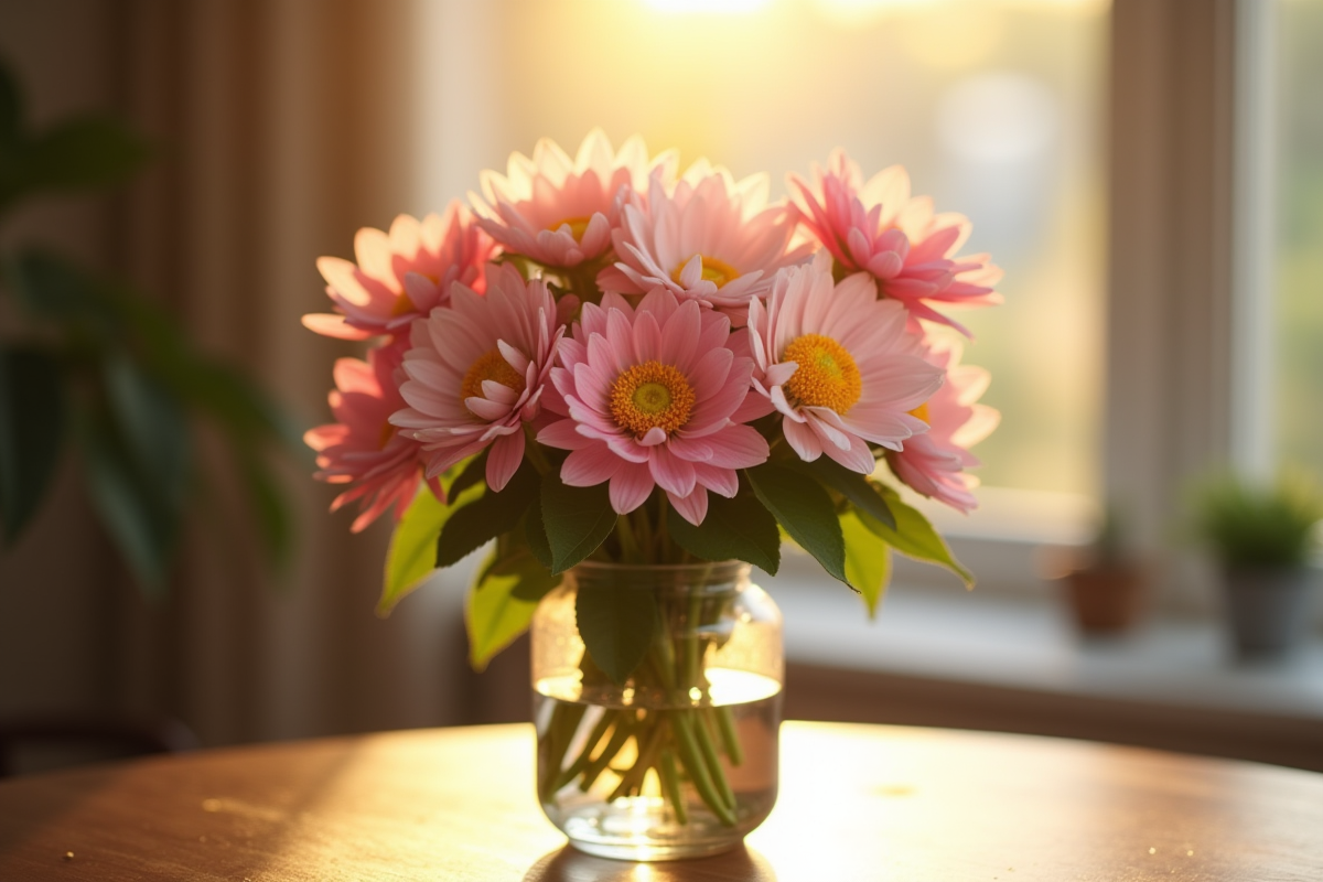 Arrangement de lisianthus et lotus dans un vase en intérieur