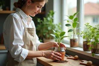 Femme réalisant une bouture de laurier rose dans un pot en terre cuite sur un rebord de fenêtre intérieur