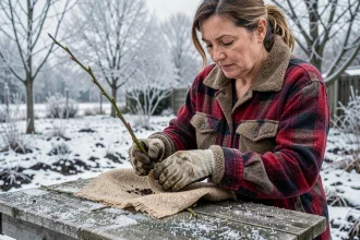 Femme enveloppant une bouture de noyer dans de la toile de jute par temps de gel dans un jardin hivernal