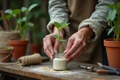Mains d'une jardinière trempant une bouture de vigne vierge dans de l'hormone de bouturage en poudre sur un établi de jardinage rustique