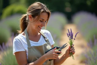 Femme bouturant un plant de lavande dans un jardin provençal avec un sécateur