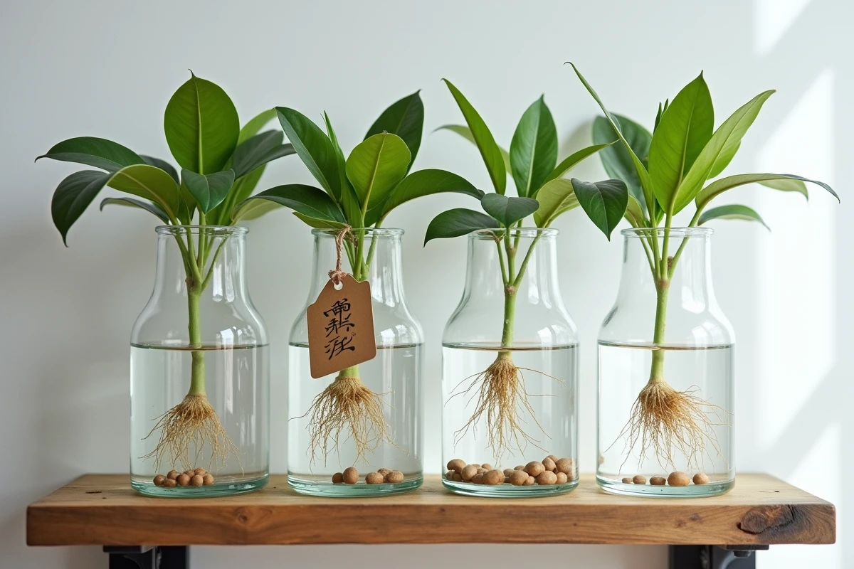 Boutures de laurier rose dans des vases en verre avec racines naissantes sur une étagère en bois intérieure