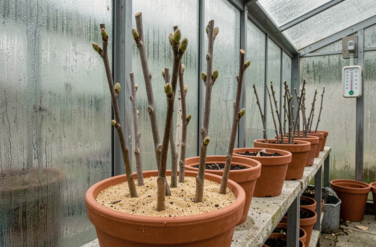 Boutures de noyer plantées dans des pots en terre cuite à l'intérieur d'une serre froide avec parois givrées