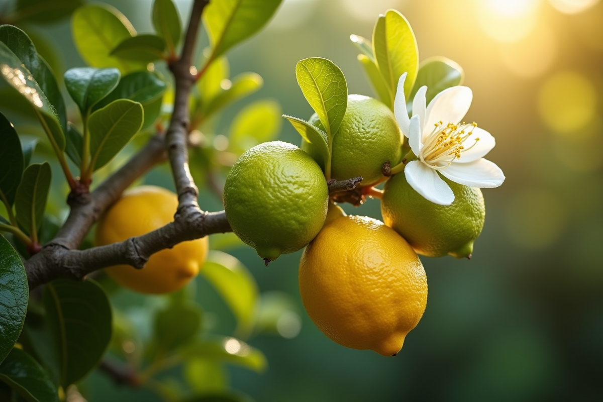 Rameau de citron avec fleurs et fruits en développement