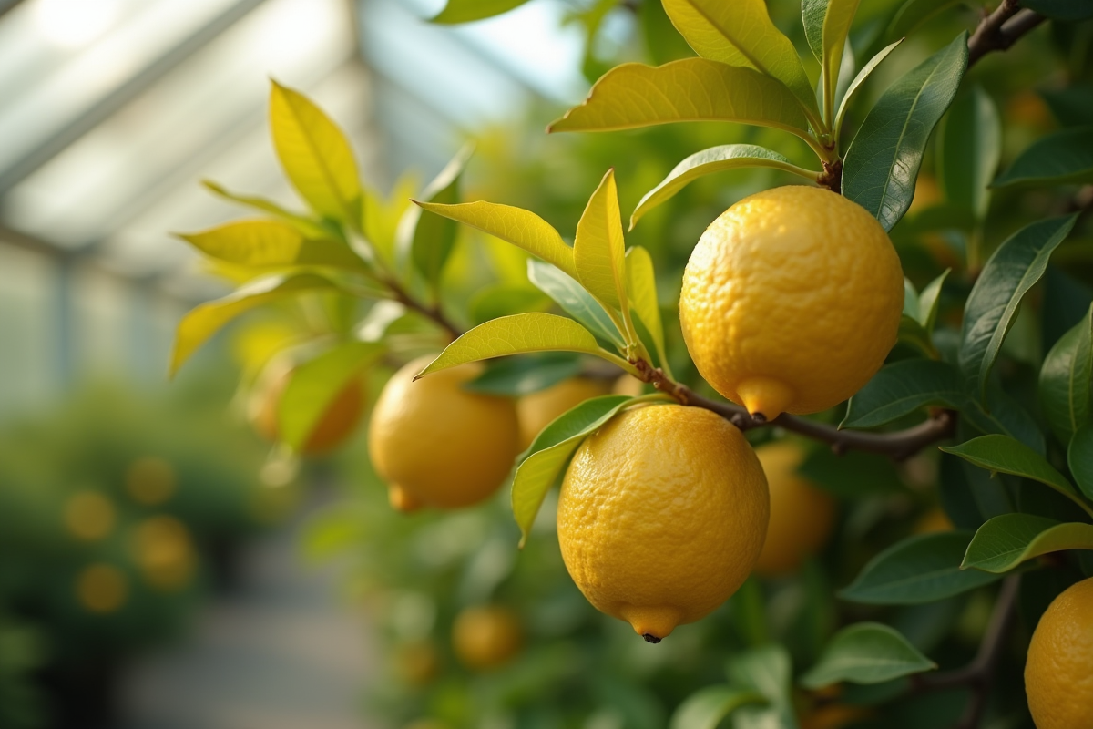 Zoom sur une branche de citronnier avec feuilles jaunies