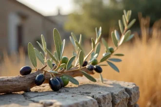 Branche d'olivier avec olives mûres posée sur une pierre rustique méditerranéenne, symbole de prospérité spirituelle