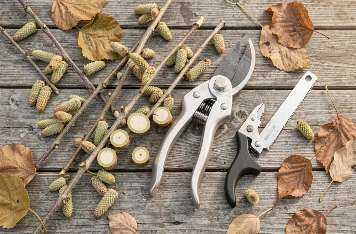 Branches de noisetier fraîchement taillées avec sécateur et scie sur une table de jardin en bois, détail des outils d'élagage