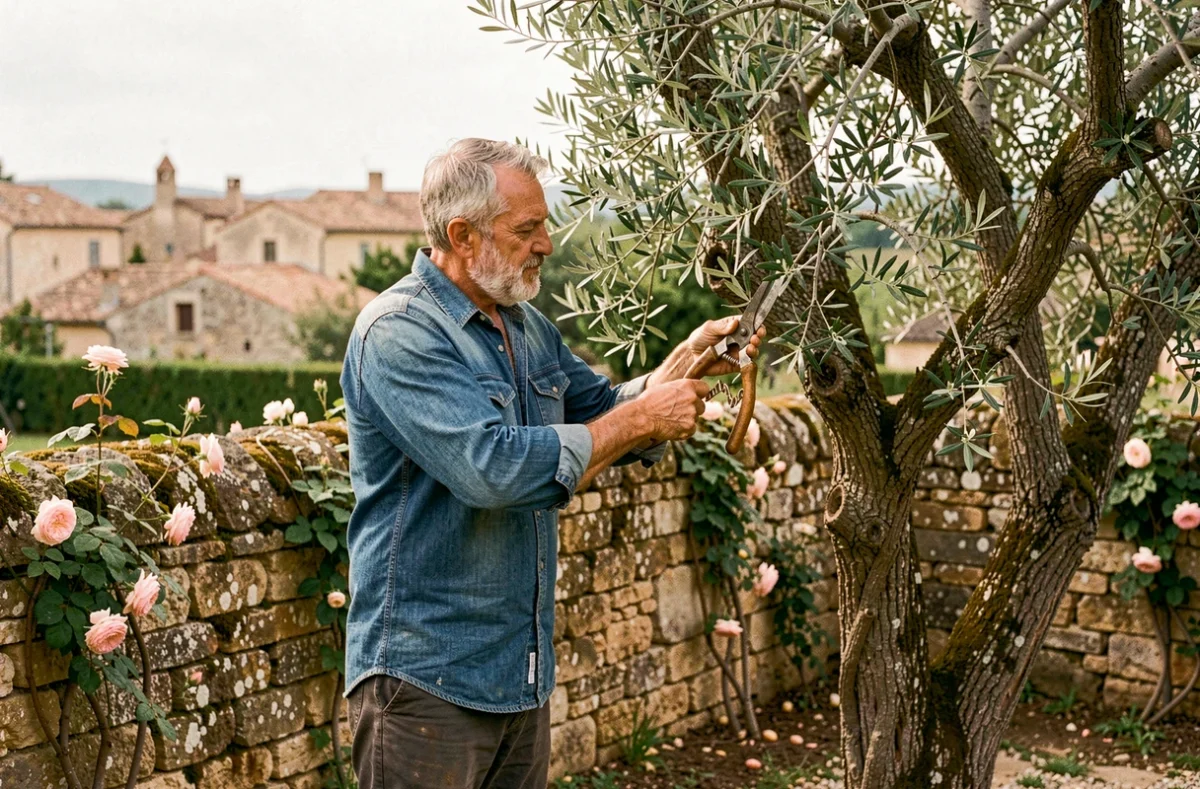 Paysagiste expérimenté de Bredelet Paysage taillant un olivier centenaire dans un jardin provençal avec murets en pierre
