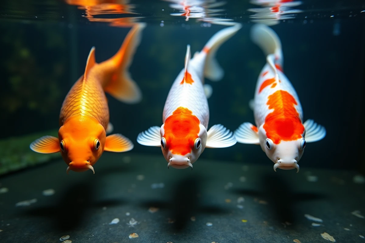 Carpes koi premium en gros plan dans un bassin intérieur mettant en valeur leur qualité pour la revente