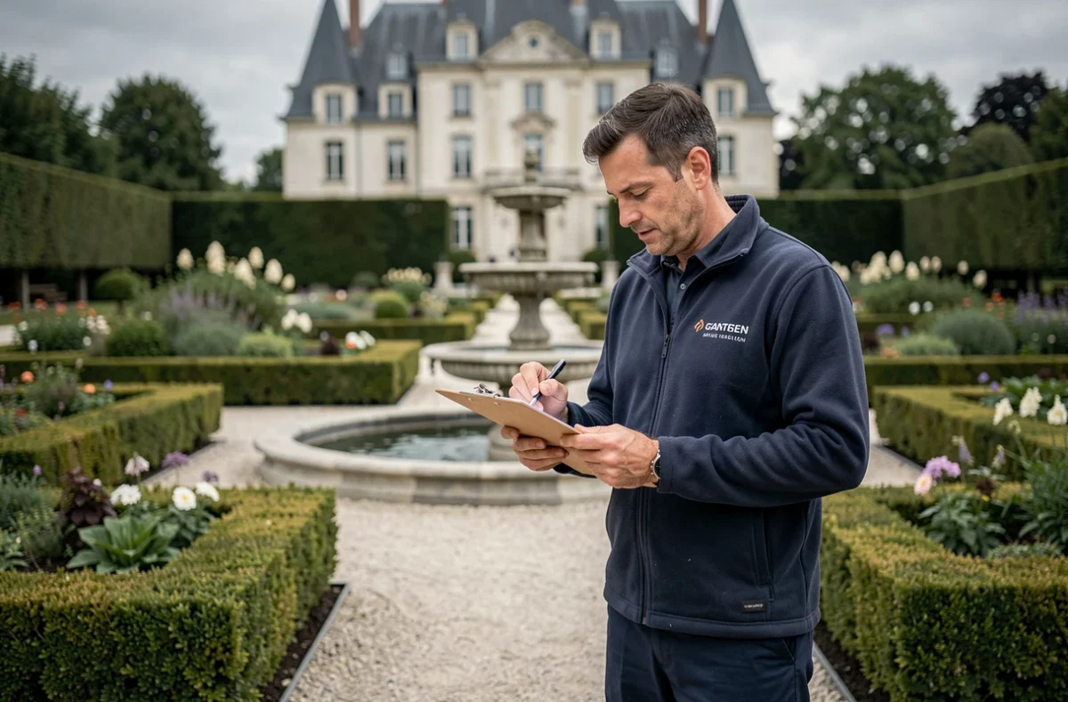 Paysagiste de Castillon Paysage consultant ses plans devant un jardin formel avec buis taillés et fontaine en pierre