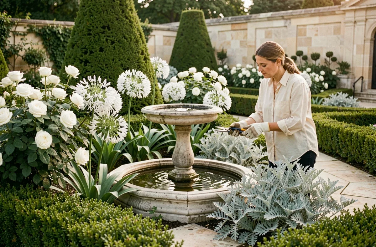 Jardin élégant à thème blanc avec roses, agapanthus et feuillages argentés aménagé par Cedre Blanc