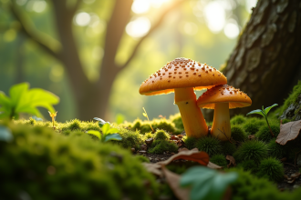 Champignons chanterelle et girolle poussant au pied d'un chêne