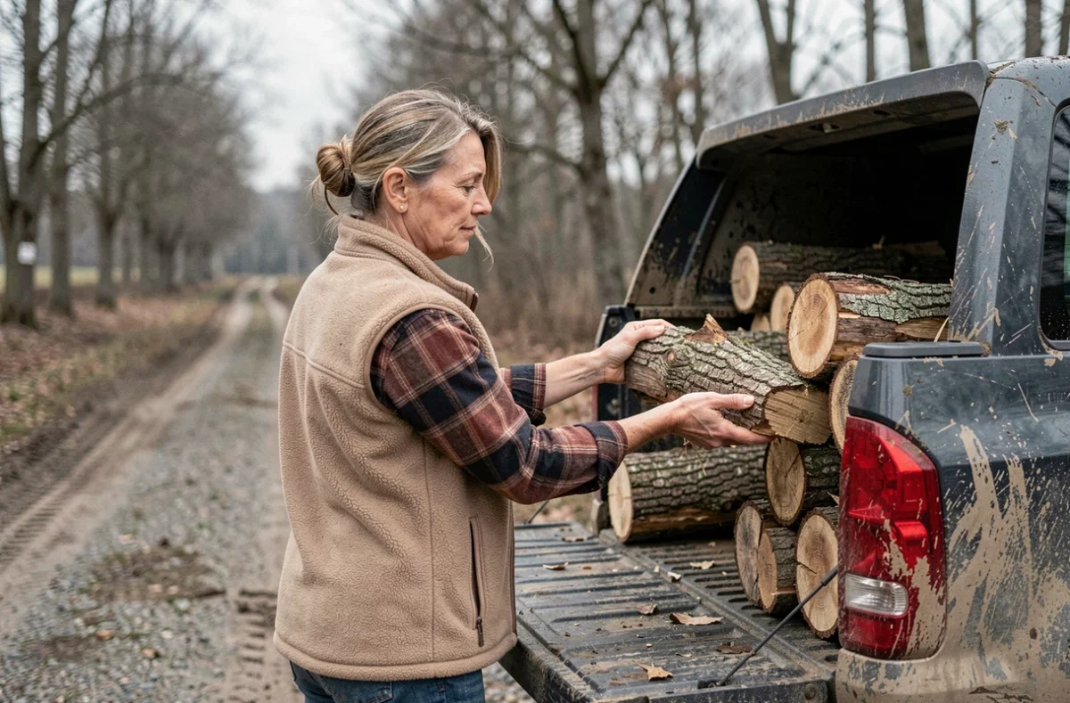 Femme chargeant des grumes de bois de chauffage dans un pick-up en bord de route