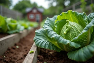 Chenille verte sur une feuille de laitue dans un jardin